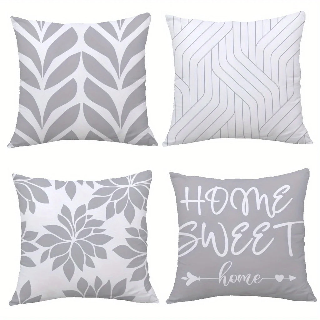 4Pcs Single-Sided Print Pillow Covers - Gray Leaf Line Minimalist Design, Home Decor Cushion Cases for Living Room Sofa Bedroom