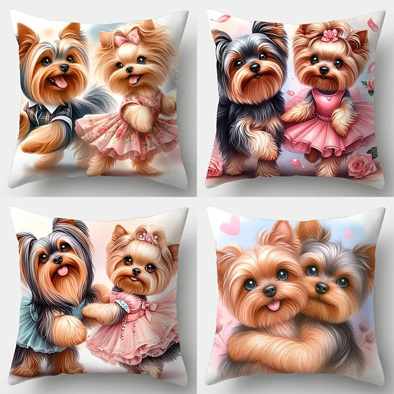 4pcs Healing Dog Couple Print Pillow Covers, Featuring Adorable Yorkshire Terrier Cute Puppy Pattern, Decorative Cushion Cases