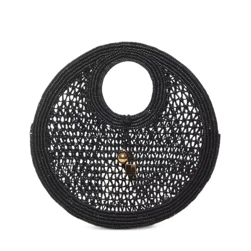 Interlocking-closure Tote Bag Women Black Flat Woven-raffia Luxury Designer Handbag New Gold Metal Rond-carré Charms Female Bags