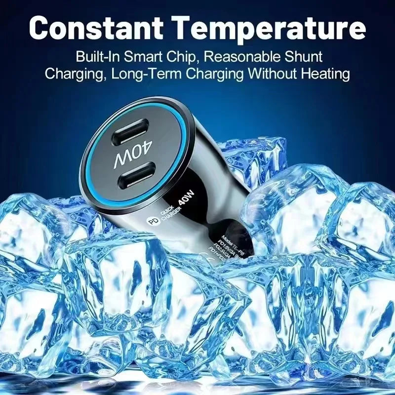 40W PD Dual USB C Car Charger, Mini Fast Adapter with Blue LED Ring For Safe Phone Tablet Dash Cam Navigation Power For iPhone