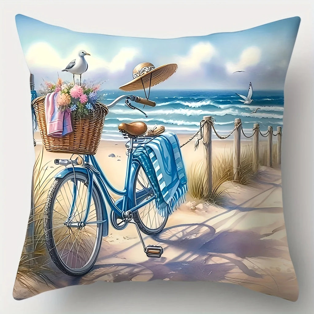 4-piece Beach Style Theme Throw Pillow Cover Set, featuring starfish, seashell, and beach bike patterns, insert not included