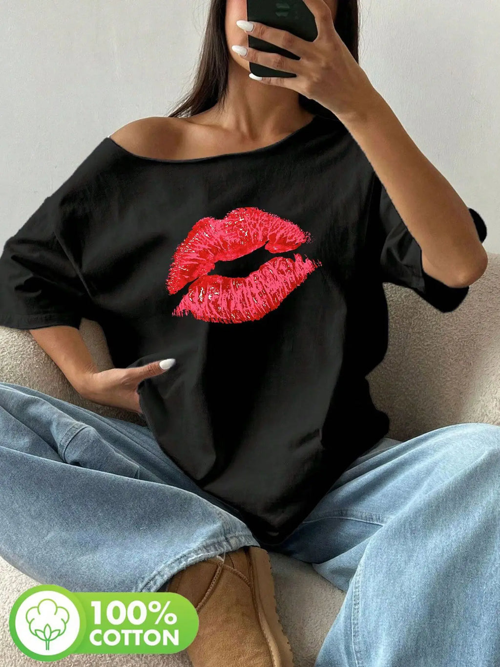 Plus Size 100% Cotton Shoulder Loose Print T-Shirt Oversized Y2K Style Graphic Tees Women Tops Summer Off The Shoulder Top wi