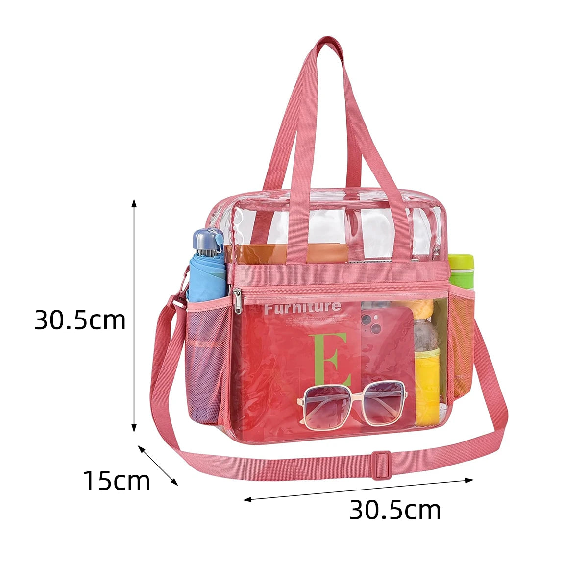 Pink Portable PVC Travel Bag for Concerts Sports Festivals,Large Capacity Transparent Design for Easy Organization and Washing