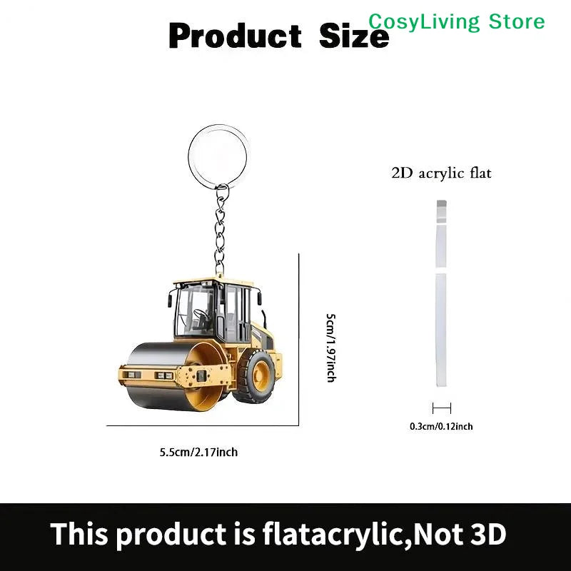 Lightweight Key Ring Pendant Party Gift Forklift Tractor Construction Truck Cartoon Roller Model Car 2D Flat Excavator Keychain