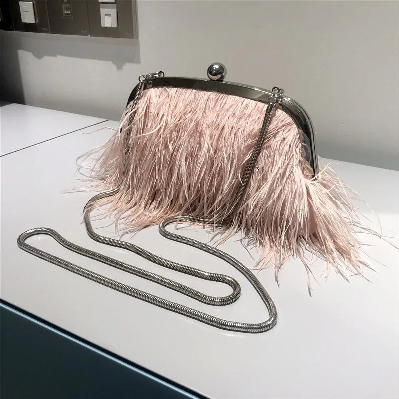 New Ostrich Hair Evening Clip Clutch Bag Fashion Lady Wedding Party Pouch Bag Chain Shoulder Crossbody Ostrich Feather Bag