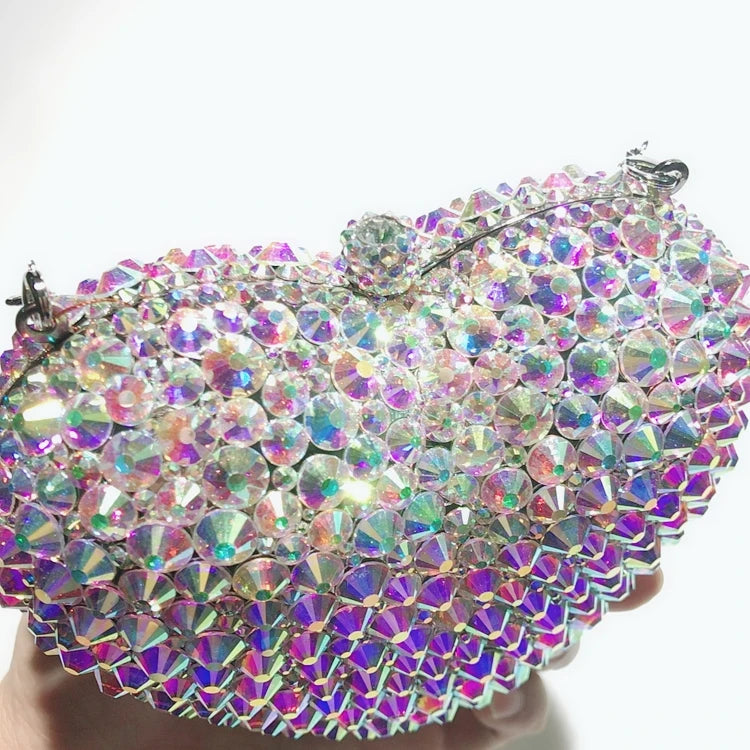Factory Supply Love Heart Shape Handmade Diamond Chain Crystal Stone Wedding Dinner Portable Diamond Bag