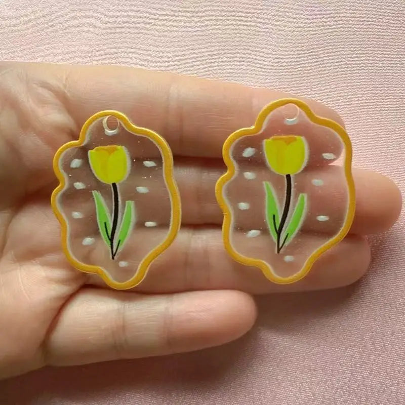 10pcs acrylic colored tulip relief printed pendant handmade DIY keychain earring pendant