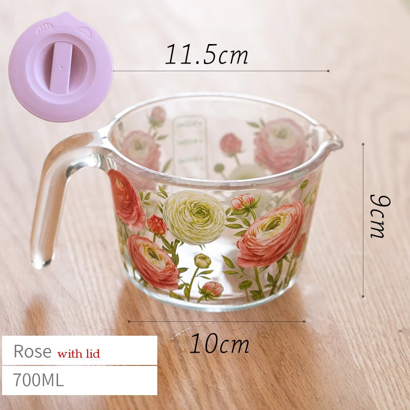 Retro Flower Measuring Cup with Lid Glass Milk Juice Cup with Scale Measuring Jars Household Kitchen Gadgets Baking Cooking Tool