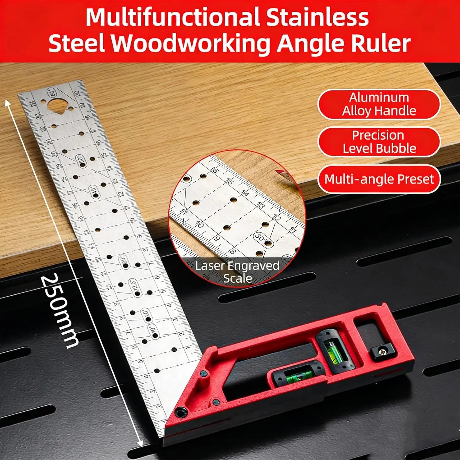 Professional Measuring Instrument with Dual Axis Level Bubble and Multiple Angled Hole Designs for Carpentry Projects
