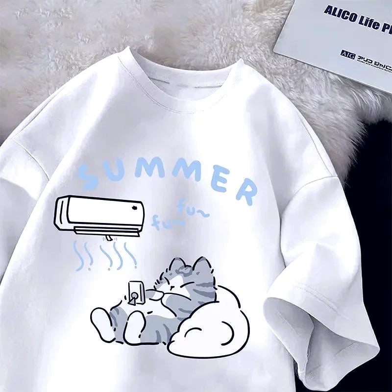 Plus Size Summer Japanese Cartoon Cute Cat Fun Print Short Sleeve T-shirt Women's Loose Casual Half Sleeve Soft Bottom Shirt Top