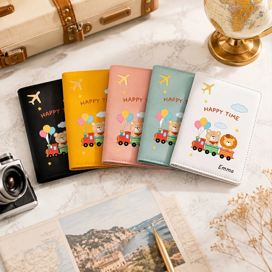 Custom Cute Cartoon Animal Bear-pattern Passport Cover with Custom Name, Text Passport Book Holder, Passport Protector