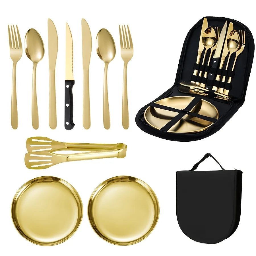 Steel Picnic BBQ Cutlery 8Pcs, Knife Fork Spoon Plate Serrated Knife Opener BBQ Tongs, Mesh Bag, Beach Camping