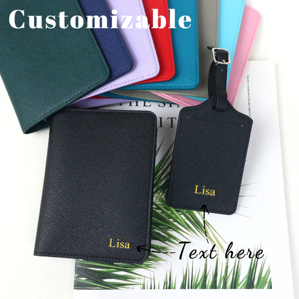 Customized name cross-pattern leather passport bag for travel, passport ticket folder, PU passport bag, luggage tag gift box set