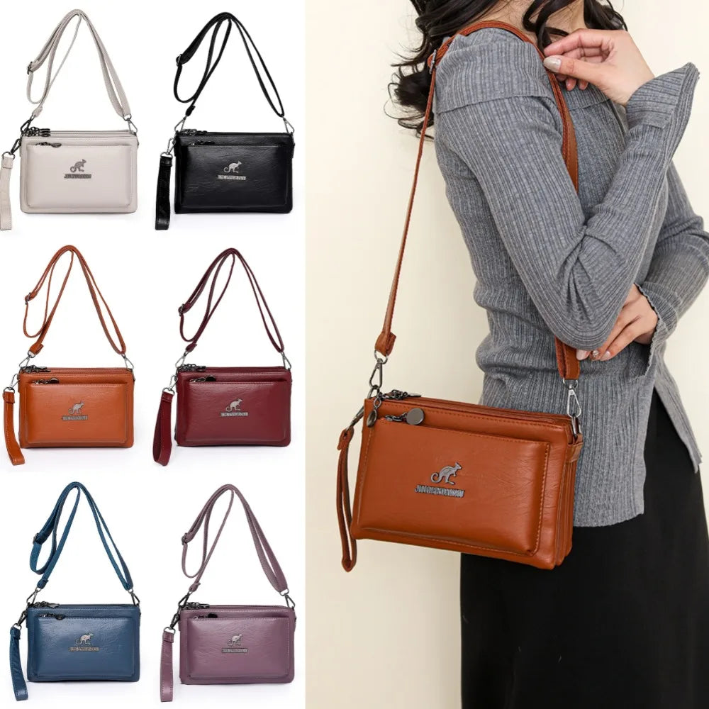 Soft Multiple Zip Pockets Shoulder Bag Waterproof Large Capacity PU Leather Crossbody Bag Simple Solid Color Square Phone Bag