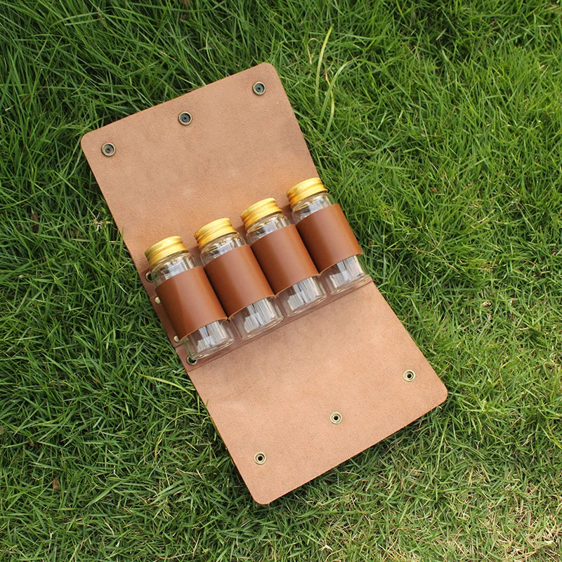 Portable Spice Bag with 4 Spice Jars, Folding leather Seasoning Storage Bag, Travel Spice Containers for Outdoor Camping BBQ Pic