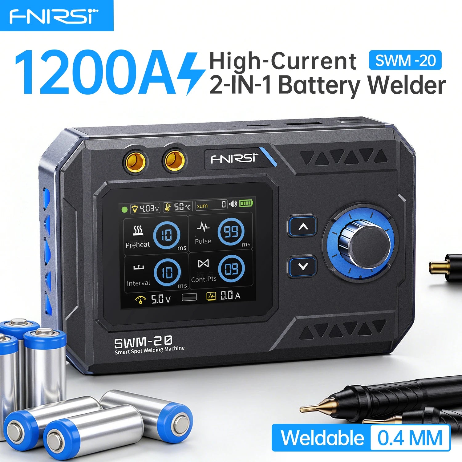 FNIRSI SWM-20 Handheld Power Tool 1200A Double Pulse Output for 0.1-0.4mm Metal Strip DIY Pack 5000mAh Battery USB-C Charging