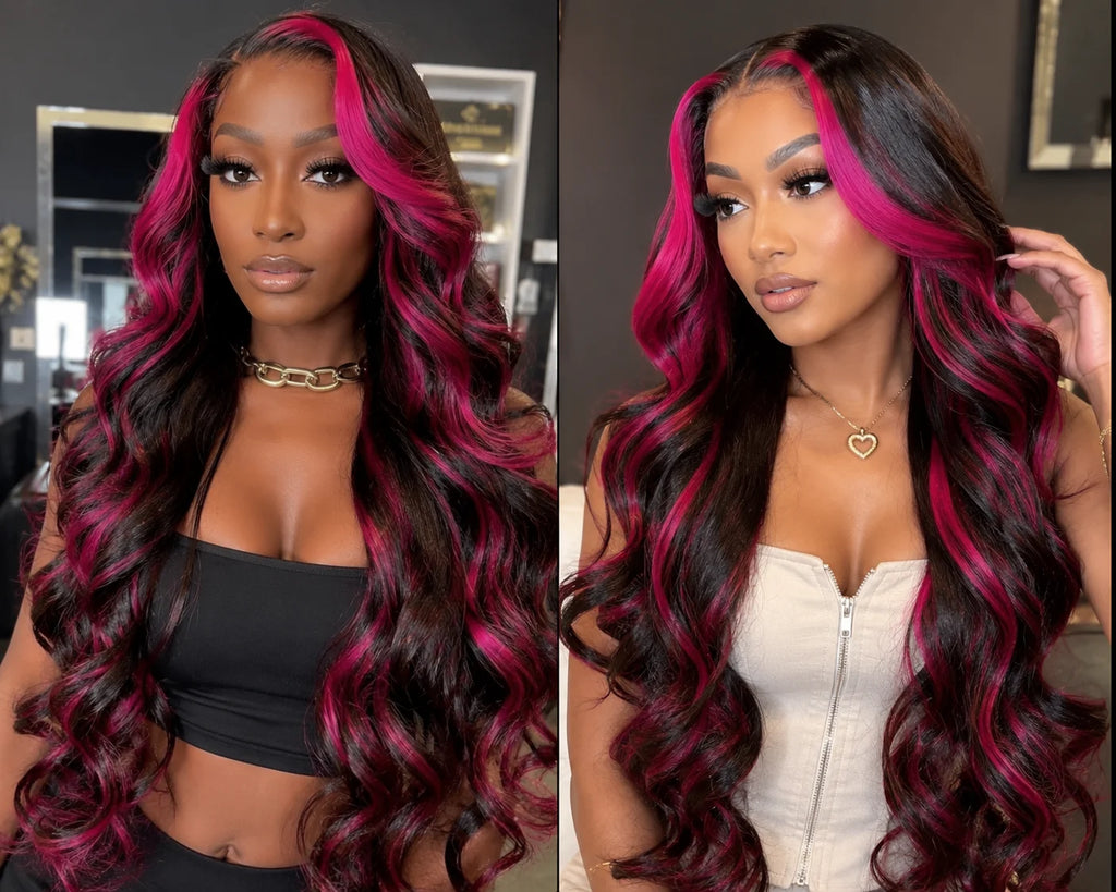1B/Pink Ombre 13x6 HD Lace Front Wigs Pre Plucked 220% Density Body Wave Highlight Wig Human Hair Pink And Black Colored Wig