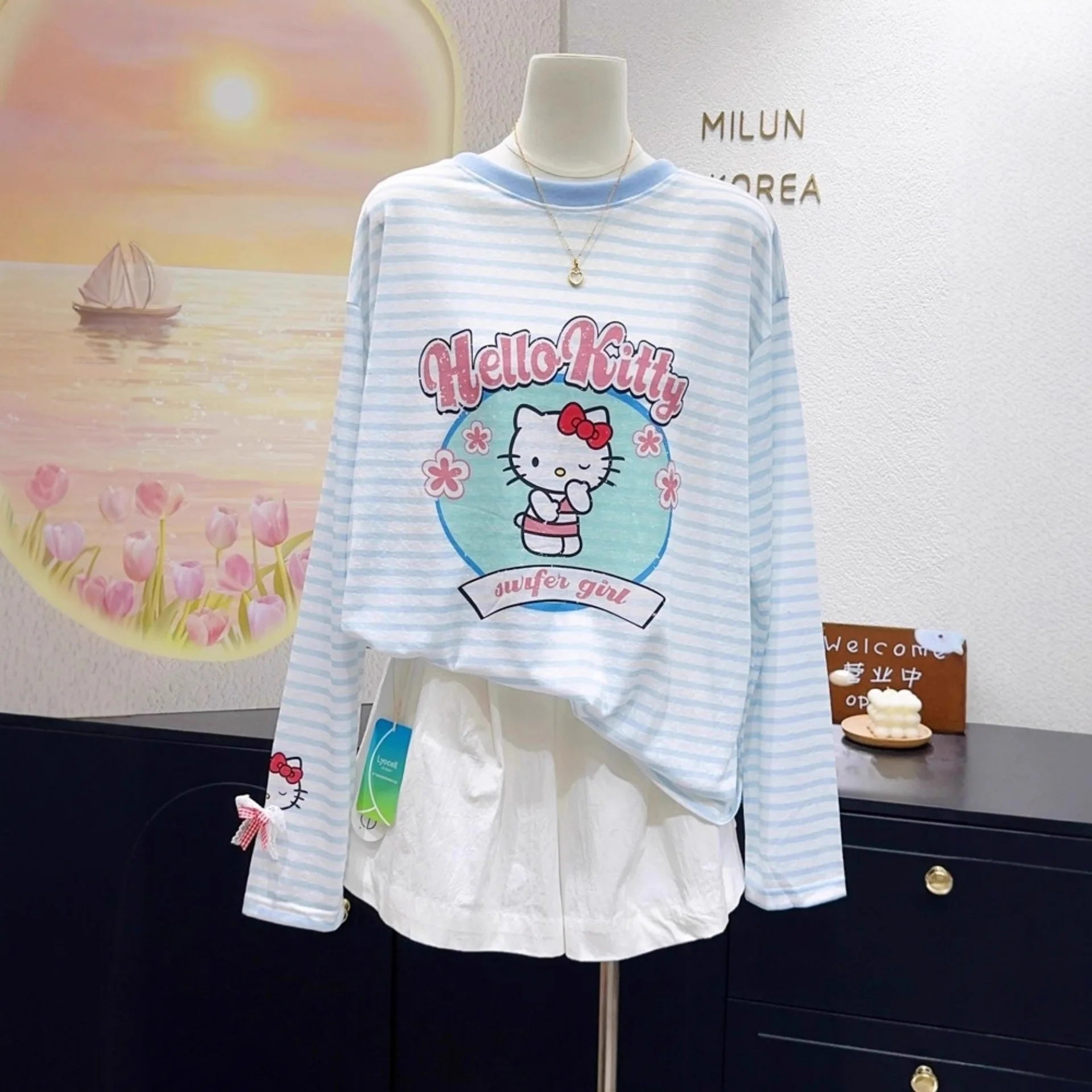 Women's T-Shirt Hello Kitty 2026 Summer Age-Reducing New Style Milk Blue Striped Thin Sunscreen Long-Sleeved Top Versatile Print