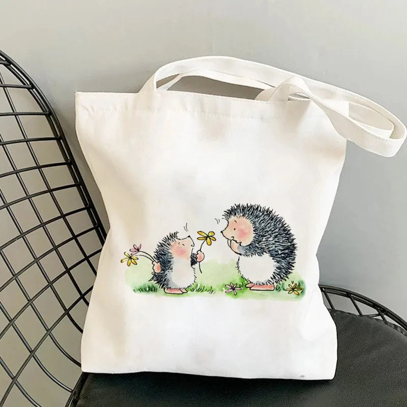 Cute Hedgehog Pattern Canvas Tote Bag With Adorable Heart Mushroom Balloon DesignsStylish Versatile Shoulder Bag For Daily Use