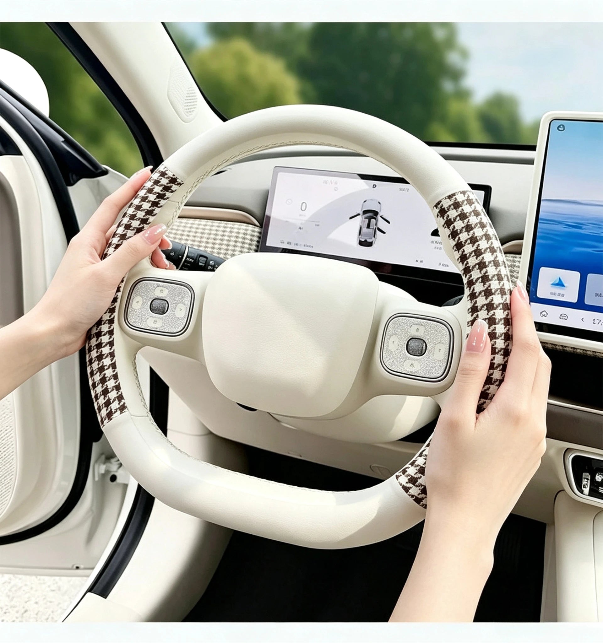 For 2026 GWM ORA 5 Steering Wheel Cover Dual Color Brown White PU Leather Grip Anti-Slip Breathable All Season Protective Cover