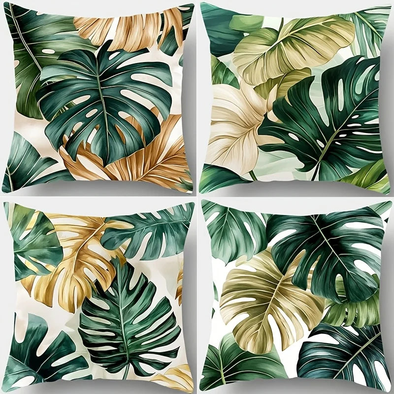 4-piece tropical palm leaf pillowcase set - zipper polyester cushion covers for sofa and living room decoration