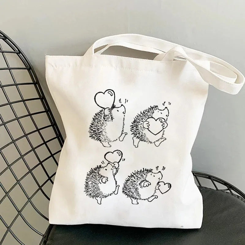 Cute Hedgehog Pattern Canvas Tote Bag With Adorable Heart Mushroom Balloon DesignsStylish Versatile Shoulder Bag For Daily Use