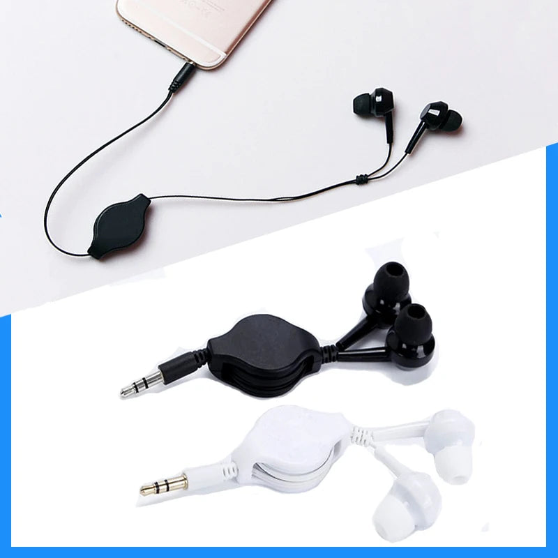 Portable 3.5mm Retractable Cable In-Ear Earphone Carry Headset Extendable Wire Earphone Straight Insert for MP3 MP4 0.8m Cable