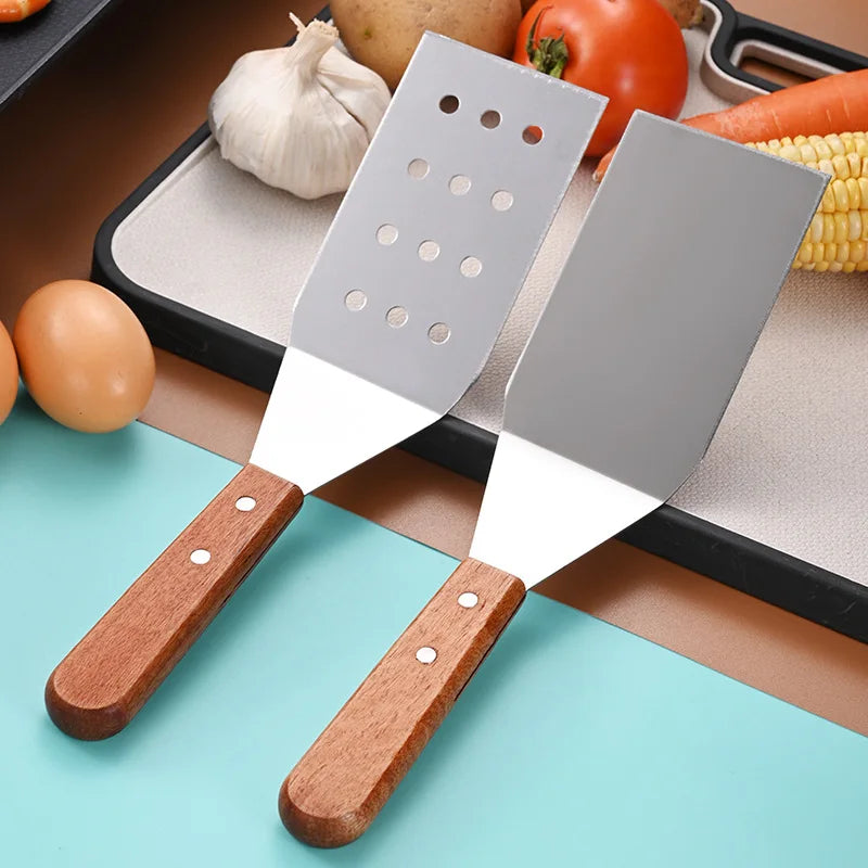 Stainless Steel Square Head Steak Cooking Spatula Wood Handle Pizza Shovel Pancake Beef Turner Scraper BBQ Utensils For Kitchen