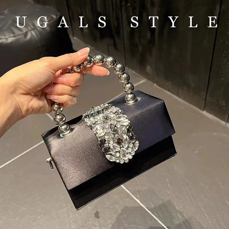 Luxury Satin Square Box Women Handbag Crystal Shiny Rhinestones Diamond Evening Bag Wedding Party Clutch Purse Crossbody Bag