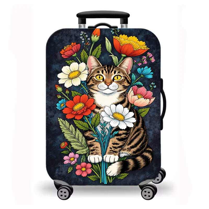 Luggage Cover, Cute Cat Kitten Floral Starry Night Print Stretch Suitcase Protector, Washable Anti-Scratch Travel Baggage Cover
