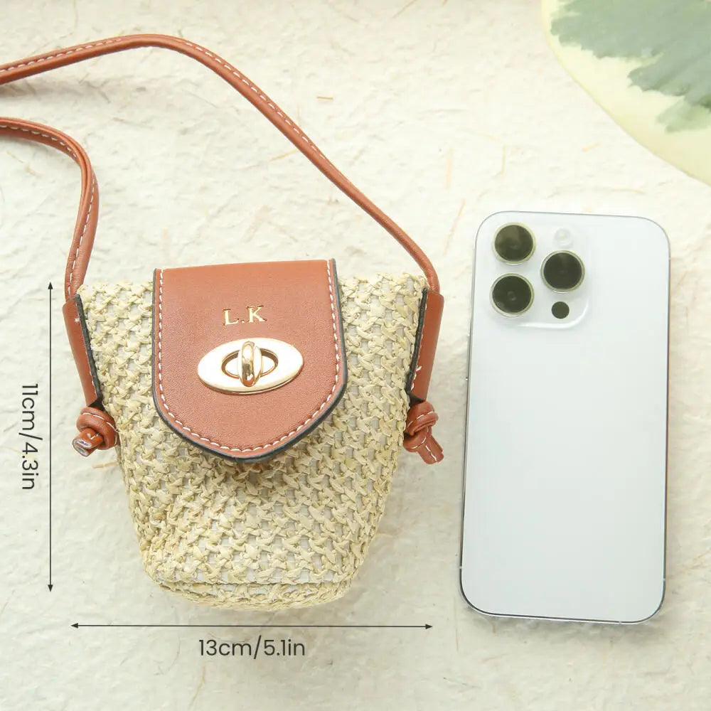Custom Gold Embroidery Name Mini Straw Crossbody Bag Summer Woven Earphone Lipstick Storage Purse Tiny Leather Flap Shoulder Bag
