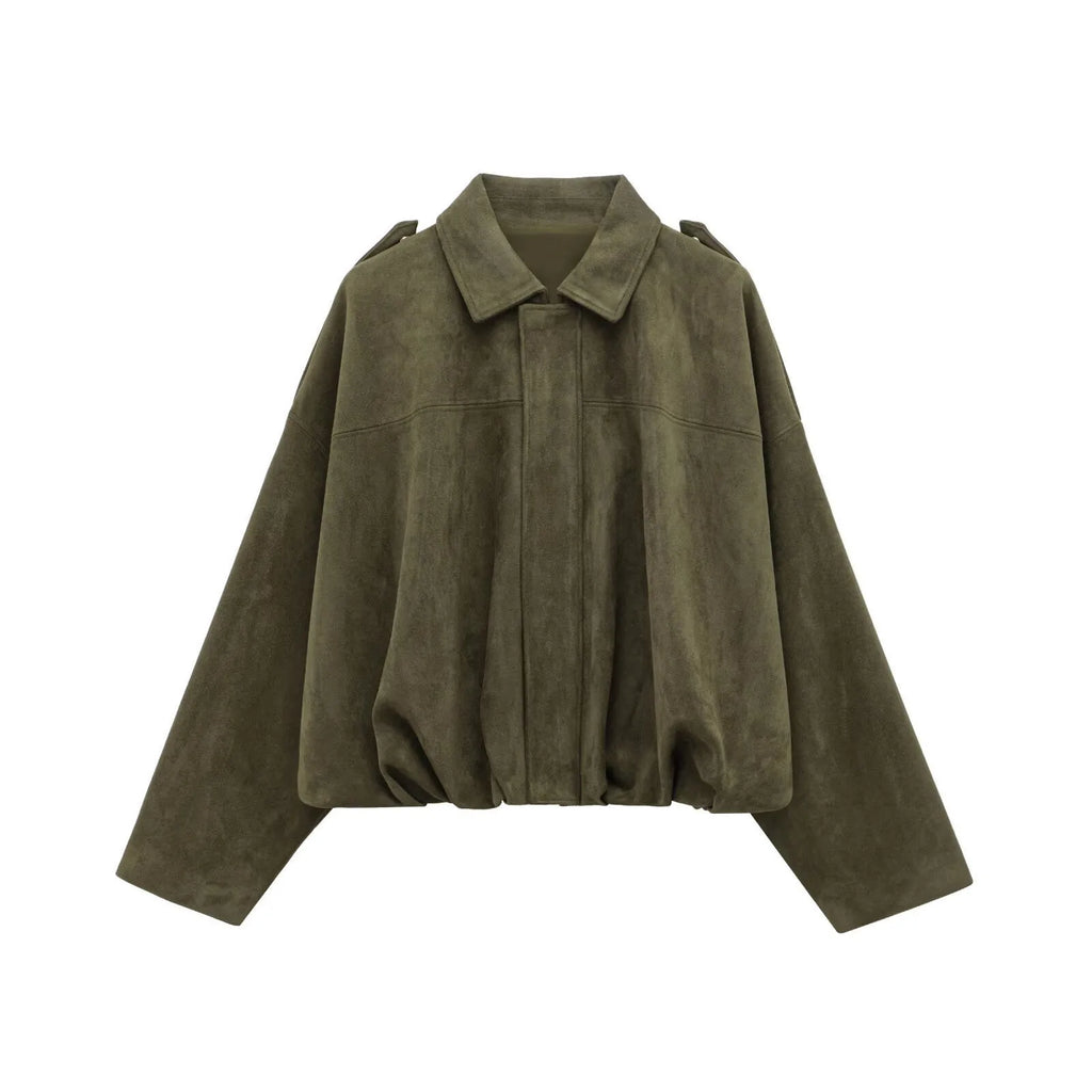 2025 autumn winter women bomber jacket bat sleeve zipper loose suede texture casual top European American style