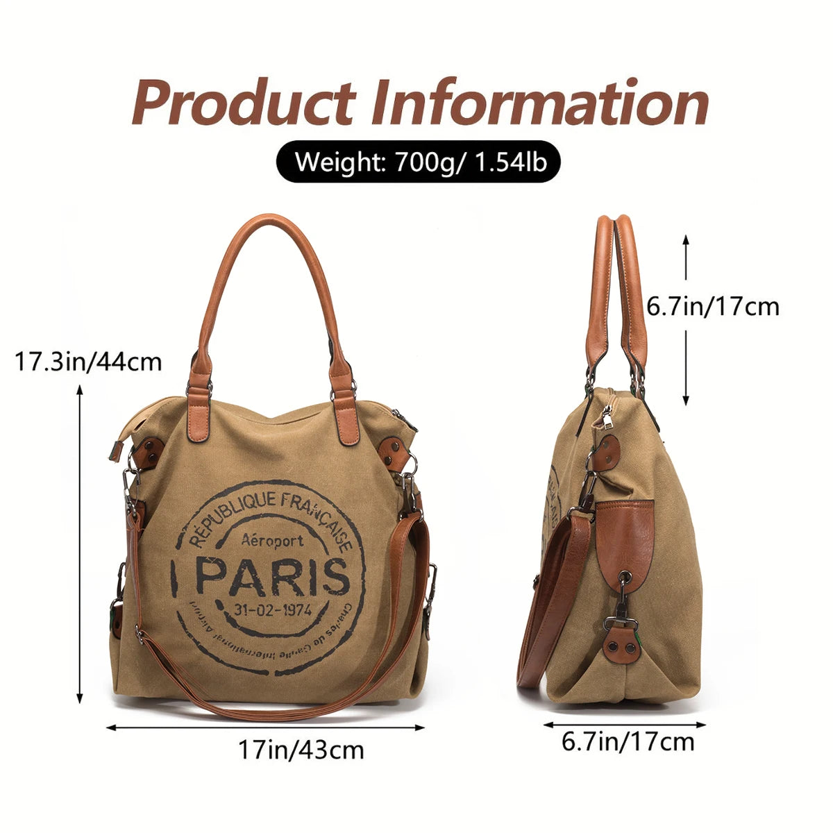 Paris Republique Bag Canvas Tote Bag Crossbody Bag Handbag Large