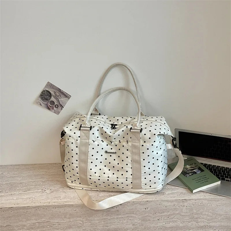 Korean Polka Dot Lazy Style Large Capacity Women's Luggage Bag Travel Handheld Short Trip Business Commuting Bag Lightweight ...