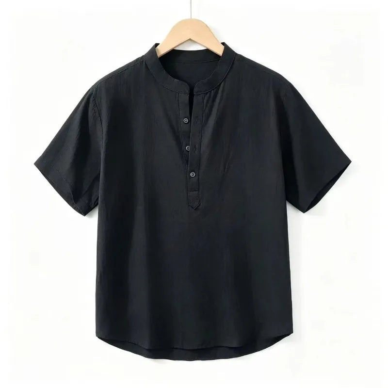 2026 summer cross-border men cotton and polyser stand collar short sleeved shirt loose casual Henley shirt for men