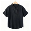 2026 summer cross-border men cotton and polyser stand collar short sleeved shirt loose casual Henley shirt for men