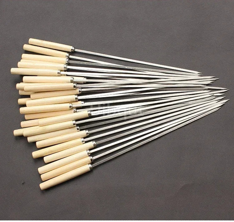 Flat Barbecue Stick BBQ Roasting Needle With Wooden Handle Brochette Tong Kebabe Skewers Stainless Steel Roasting Tools