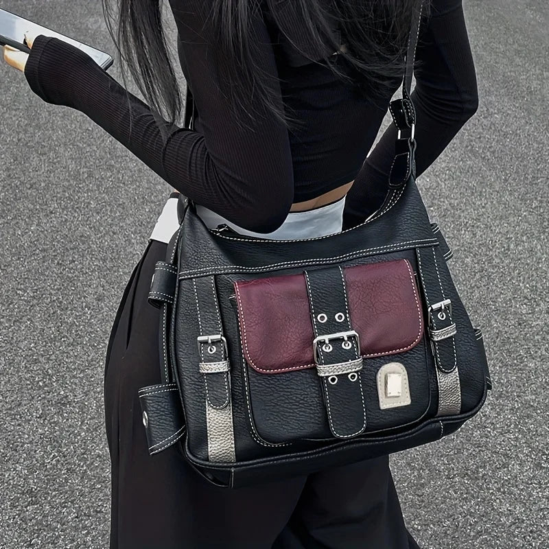 Vintage Leather Women's Bag, Y2k Spicy Girl Motorcycle Crossbody Bag, Large Capacity Contrasting Single Shoulder Bags