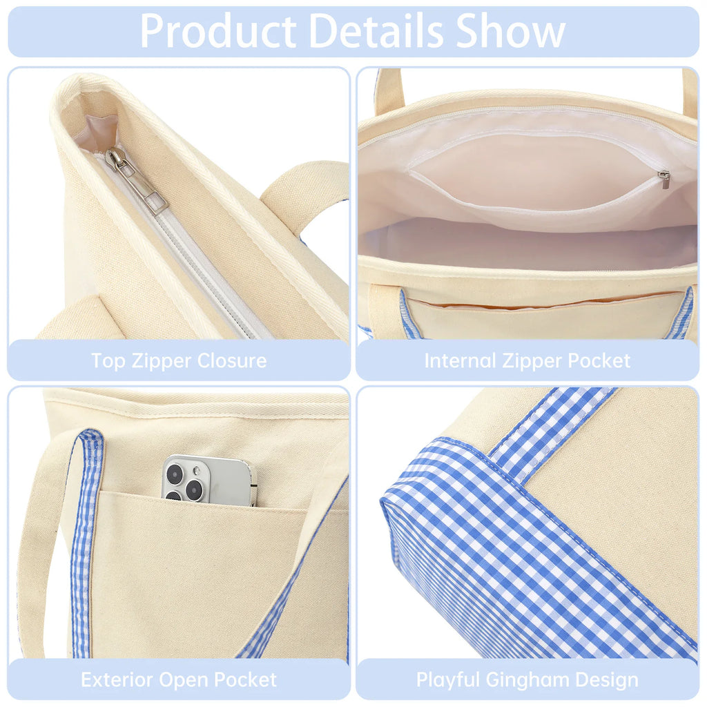 Gingham Canvas Tote Bag For Women Summer Beach Bag With Zipper Closure Roomy Interior Pink/Blue Large Capacity Shopping Bag