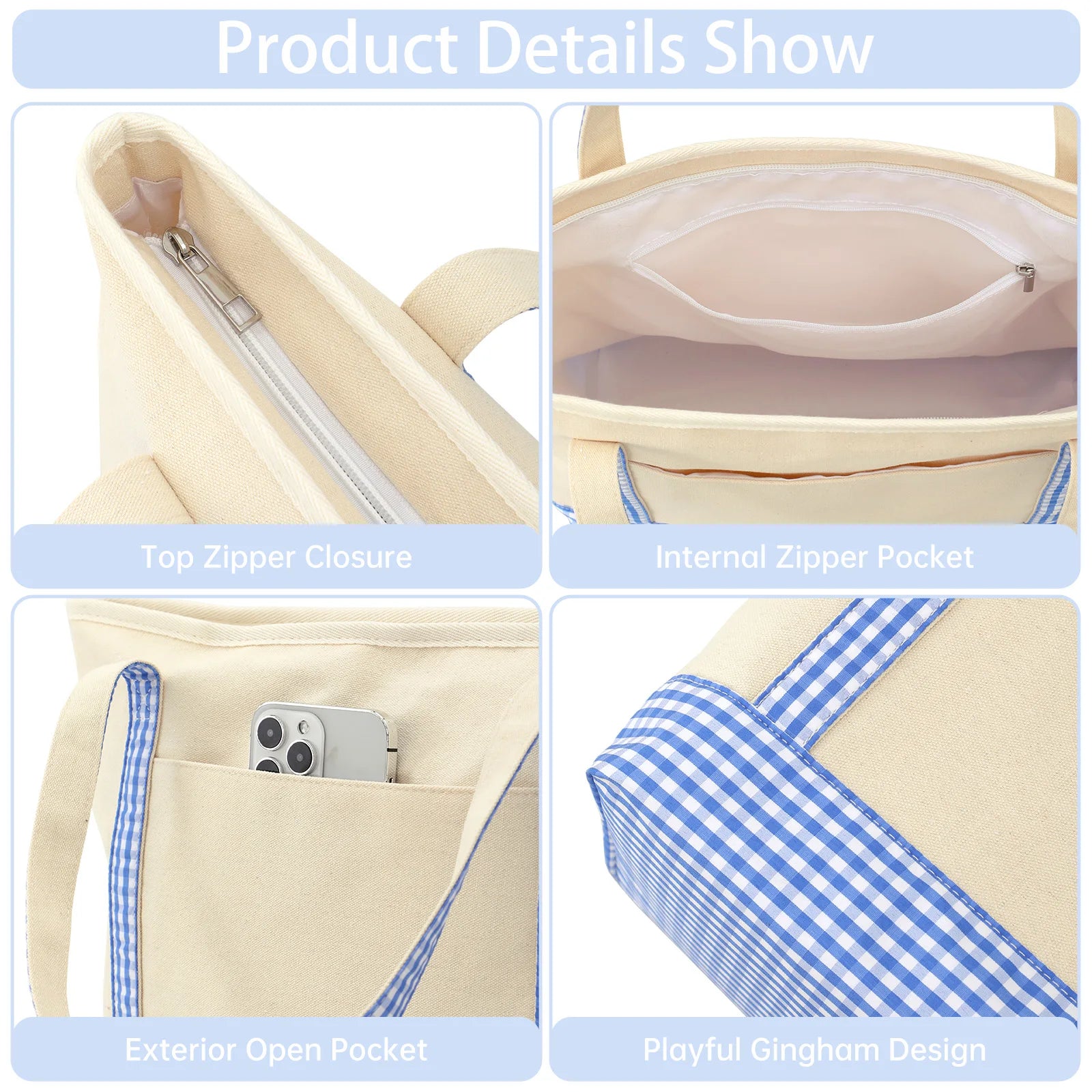 Gingham Canvas Tote Bag For Women Summer Beach Bag With Zipper Closure Roomy Interior Pink/Blue Large Capacity Shopping Bag