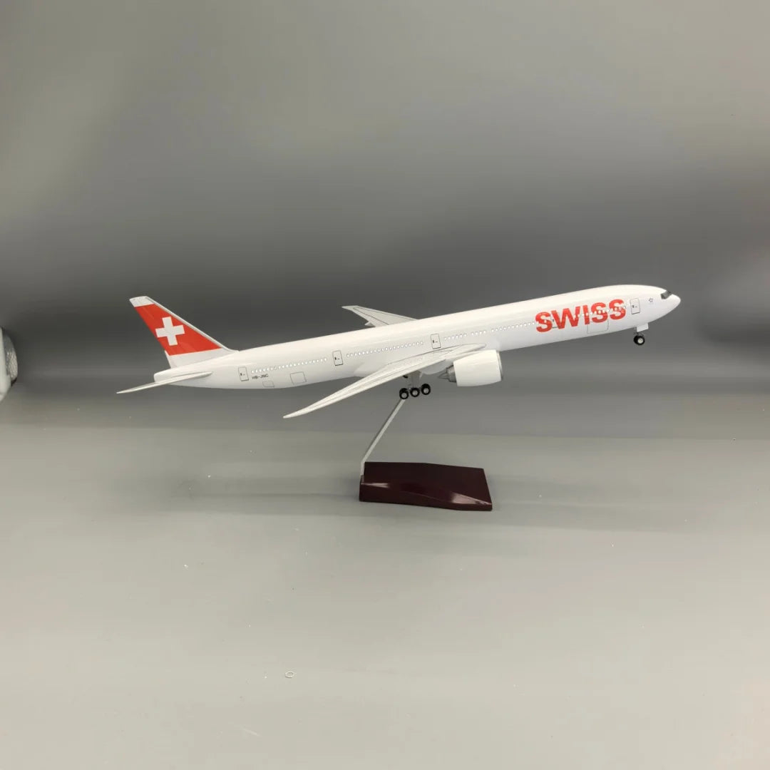Scale 47cm B777 Swiss Airways Switzerland with Light And Wheels Die-cast Resin Aircraft Model Collectible Display Toy Airplane