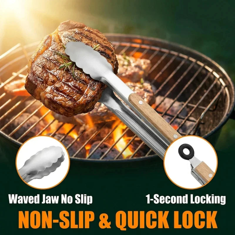 1Pcs Stainless Steel Food Tongs Heavy Duty Kitchen Tongs with Wooden Handle for Cooking Grilling BBQ 9-16 Inch Length