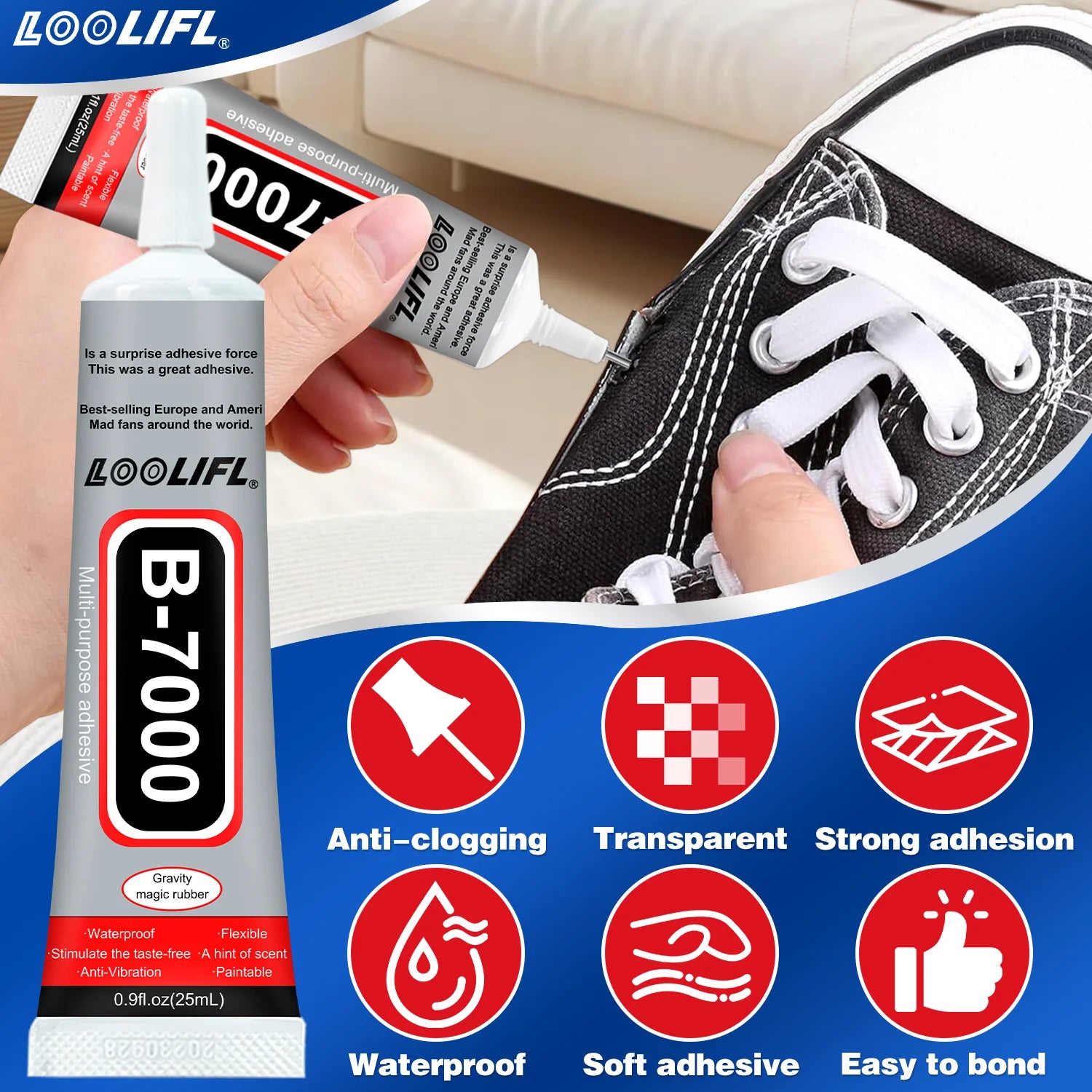 B7000 Shoe Glue, Professional Grade Repair Adhesive for All Footwear Instant Bond,Clear Drying,Flexible, & Durable for Shoe Edge