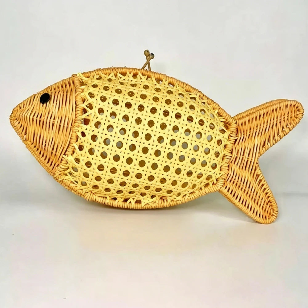 Fish Shaped Rattan Woven Handmade Clutch Purse,Women Fruit Vegetable Basket Evening Bag,Lightweight Boho Summer Beach Hand Bag