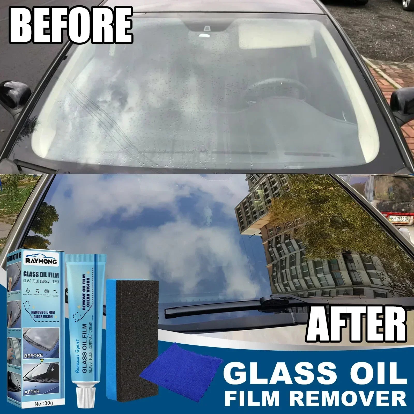 Car Glass Film Removal Cream Strong Decontamination Windshield Stain Remover with Sponge Mirror Cleaner for Auto Maintenance