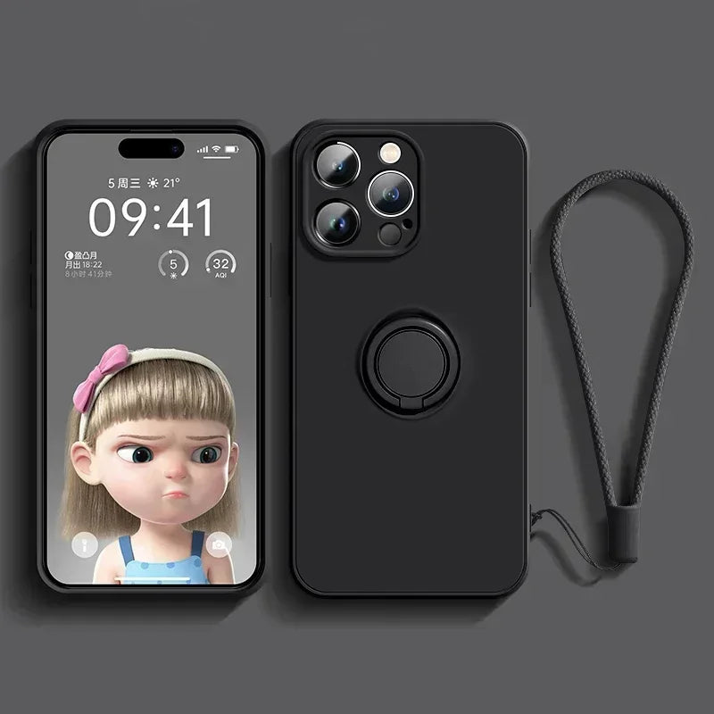 Liquid Silicone Case For iPhone 16 16e 15 13 Mini 14 12 11 Pro Max Plus Phone Holder Ring Stand Protect Cover With Wrist Strap