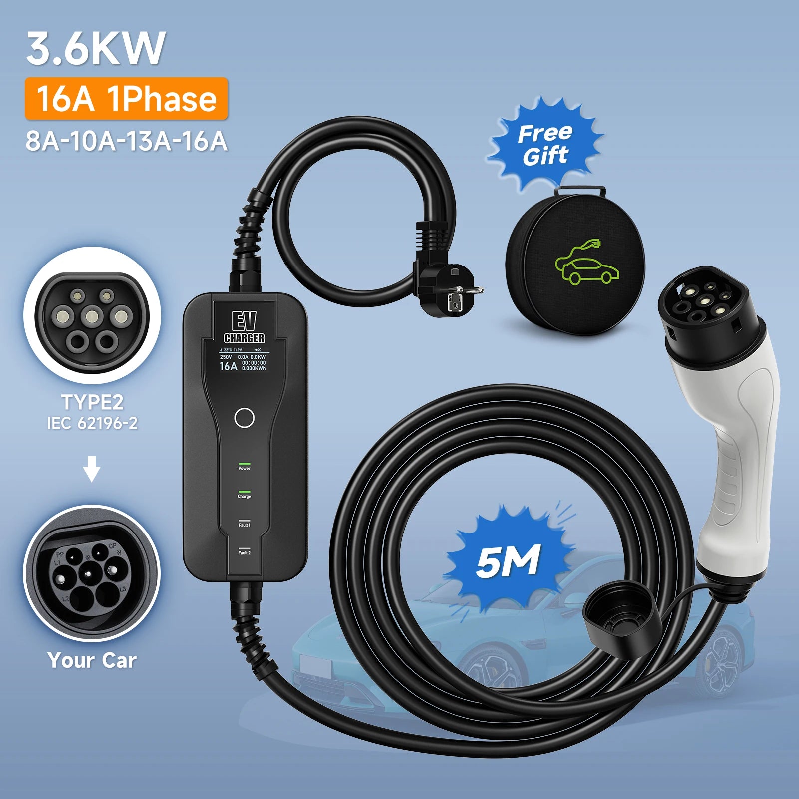 AFYEEV 16A 3.6kw 5m Type2 Type1 EV Charger Portable GBT Electric Vehicle Charger EVSE Charging Cable Safety and Reliable Wallbox
