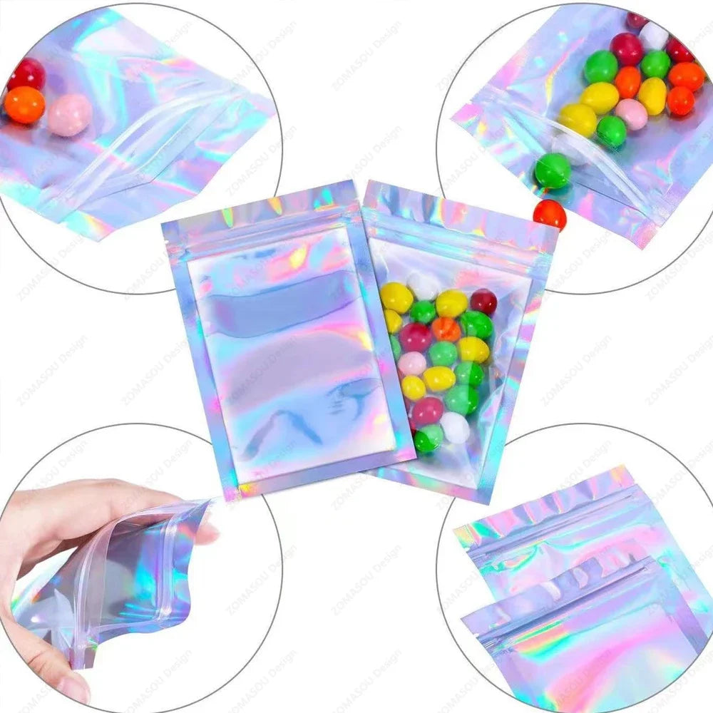 400-1PCS Color Laser Sealing Bags Plastic Holographic Candy Food Pouch Resealable Necklace Jewelry Gift Packaging Storage Bag