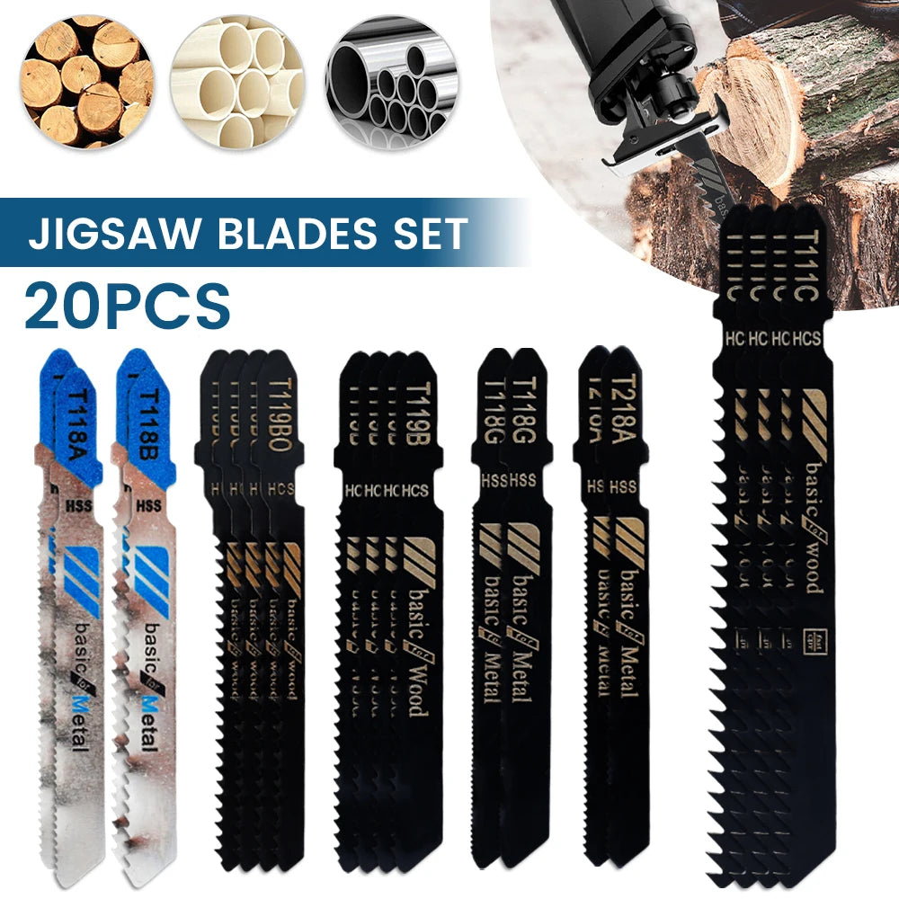 20Pcs T-Shaft Jigsaw Blades HCS Assorted Jig Saw Blades Fast Cut Down Saw For Wood Plastic Metal Cutting Blades Cutting Tools