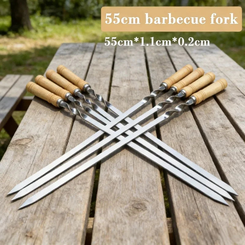 6pcs BBQ Skewer Stainless Steel Barbecue Needle Fork With Long Flat Wood Handle For Outdoor Meat Grill Barbecue Tools Organizer